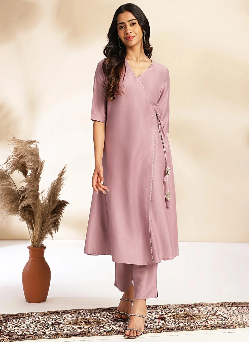 ZERESOUQ Lavender Chinnon Solid Kurta & Pant Set